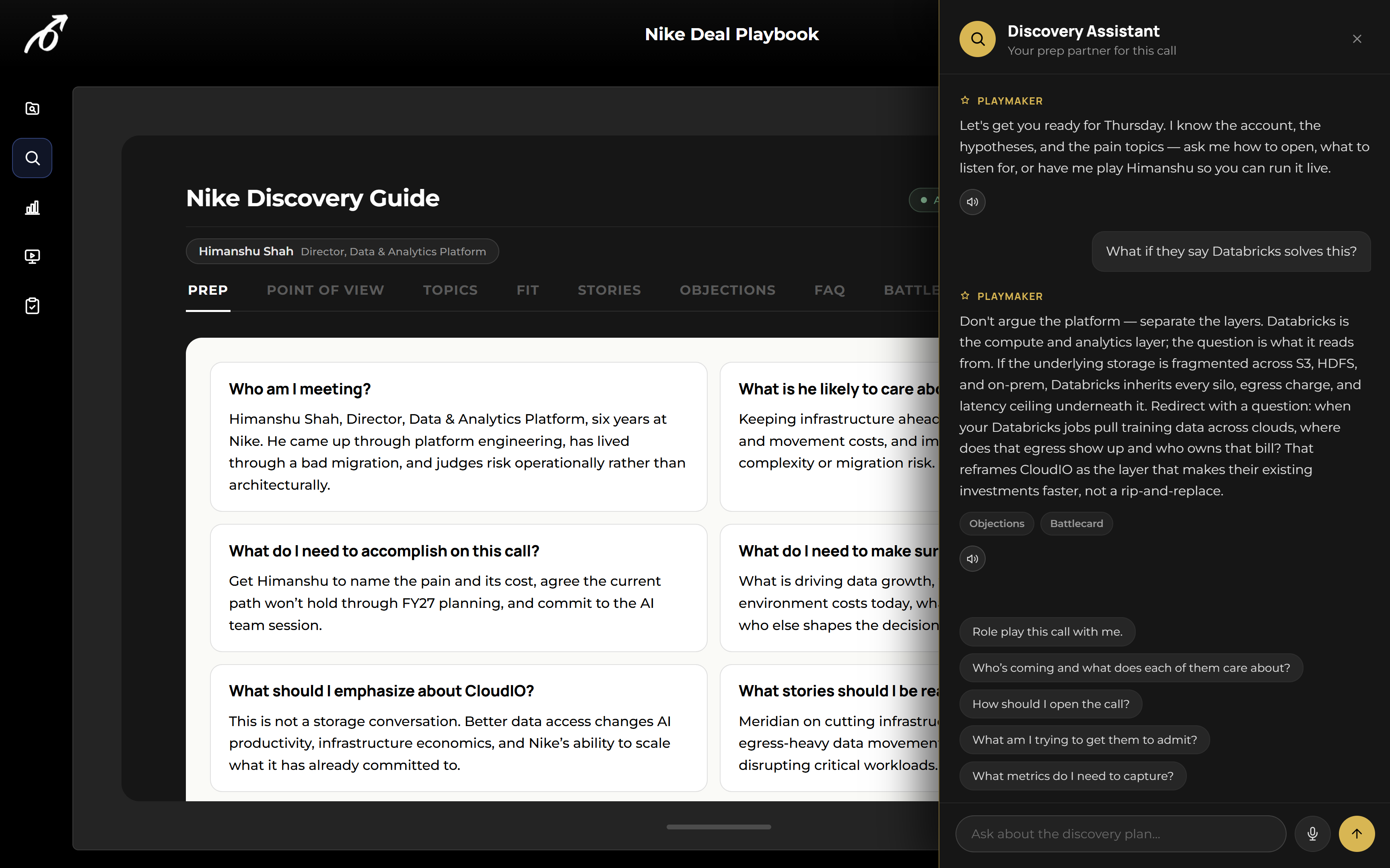 PlaymakerAI discovery guide prep view with the Discovery Assistant ready to role-play the call